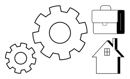 Interlocked gears beside a briefcase and house symbolizing work-life balance, teamwork, and efficiency. Ideal for productivity, planning, organization, strategy, career growth, time managementのイラスト素材