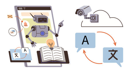 Robot interacting with book, translation tools, speech bubbles, camera, and cloud storage. Ideal for translation, education, automation, AI language learning digital communication and techのイラスト素材