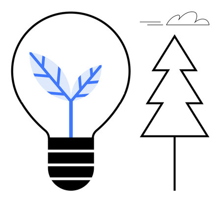 Light bulb enclosing a sprouting leaf beside a minimalistic pine tree and a cloud, symbolizing clean energy, sustainability, nature, innovation, environmental awareness, green technologyのイラスト素材