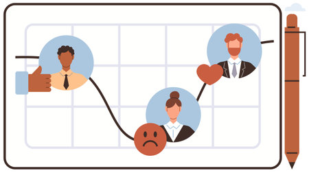 Team members linked by a timeline showing emotion icons, from sadness to positivity, on a board. Ideal for emotion tracking, feedback visualization, teamwork, leadership, decision-making, analyticsのイラスト素材