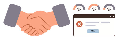 Two hands clasped in handshake near web notification with error message and percentage gauges. Ideal...