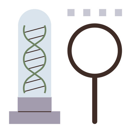 DNA helix inside test tube next to magnifying glass and data squares. Ideal for biotechnology, genetics, diagnostics, research, innovation, education, data analysis. Simple flat metaphorのイラスト素材