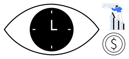 Eye with a clock symbol in the center, person using a magnifying glass for analysis above bar...