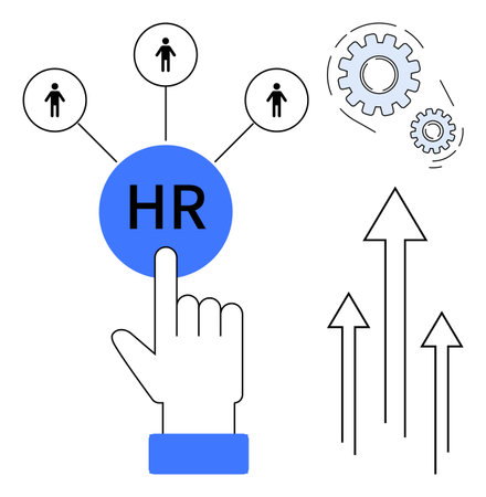 Hand pointing to HR button, network of people, gears symbolizing process, and arrows for growth. Ideal for recruitment, human resources, workforce, process productivity management teamwork. Simpleのイラスト素材