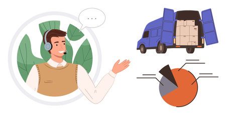 Man wearing headset gesturing, delivery truck stacked with packages, and analytics chart sections. Ideal for logistics, shipping, customer service, business analytics, delivery, communicationのイラスト素材