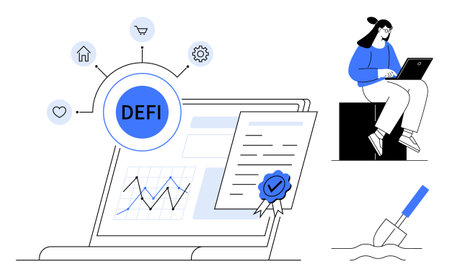 DEFI hub with icons for finance, analytics, certification on a laptop. Woman working on laptop, digging metaphor. Ideal for technology, finance, blockchain, investment innovation data simple flatのイラスト素材