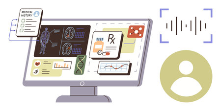 Advanced digital health dashboard with medical records, diagnostics, genetic data, and prescriptions. Ideal for healthcare technology, telemedicine, medical AI, data analysis, patient careのイラスト素材