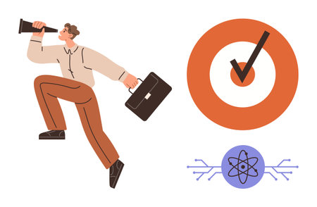 Person with briefcase speaking into megaphone in motion, orange checkmark for task completion, atom with circuits indicating innovation. Ideal for business, productivity, success, motivationのイラスト素材