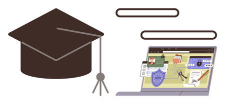 Graduation cap beside a laptop displaying cybersecurity elements thumbs up shield, lock, and files. Ideal for education, cybersecurity, e-learning, data protection, student success, virtual learningのイラスト素材