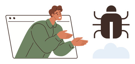 Developer gesturing towards a bug symbol, appearing from a browser window. Ideal for technology, debugging, problem-solving, programming, coding, IT support collaboration. Simple flat metaphorのイラスト素材