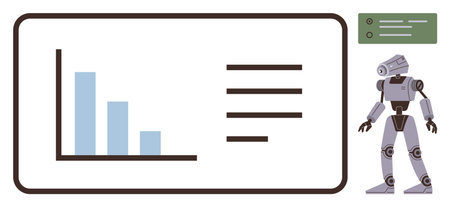 Bar graph and text on display viewed by a robot with metallic features. Ideal for artificial intelligence, automation, machine learning, data analysis, technology, research, simple flat metaphorのイラスト素材