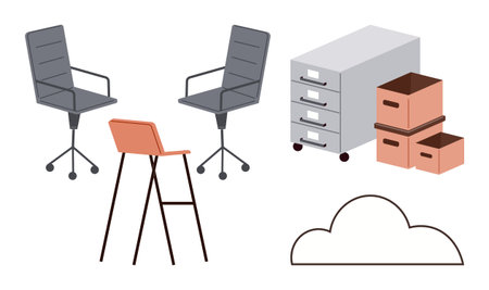 Two office chairs, tall chair, file storage cabinet, cardboard boxes, cloud symbol representing filing, teamwork, online storage, organization, logistics modern office remote work simple flatのイラスト素材