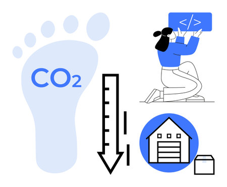 Footprint graphic with CO2 text, downward arrow, coder with screen, warehouse icon. Ideal for sustainability, coding, logistics, energy efficiency, emissions reduction environmental awarenessのイラスト素材