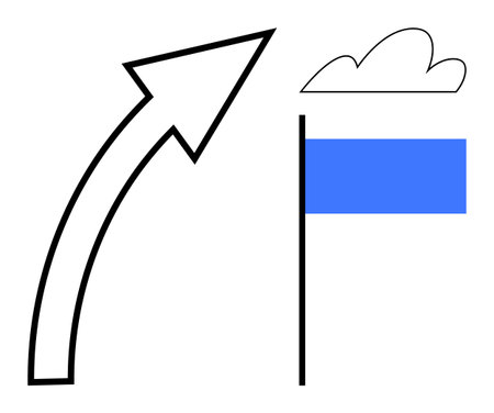 Bold upward arrow pointing at a blue goal flag and simple cloud highlight growth, progress, and goals. Ideal for business, ambition, success, motivation, leadership strategy planning. A simple flatのイラスト素材