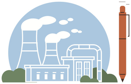 Factory buildings, cooling towers, emission clouds, greenery, and a pen symbolize industry, sustainability, creative ideas. Ideal for environment, industry innovation creativity design educationのイラスト素材