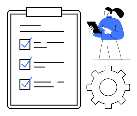 Large checklist with completed tasks, person reviewing tablet, gear. Ideal for planning, organization, checklist completion, workflow management, automation, teamwork simple landing pageのイラスト素材