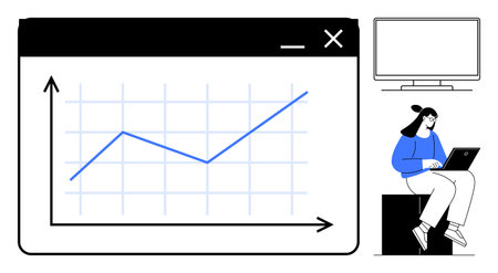 Growth chart with rising line graph in browser window, person working on laptop nearby. Ideal for data analysis, success strategy, business growth, online learning, remote work, productivity, simpleのイラスト素材