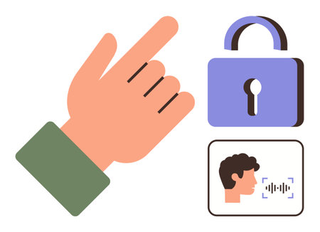 Hand pointing gesture with a purple padlock and face recognition element indicating biometric security. Ideal for technology, security, digital access, biometrics, privacy, authentication, simpleのイラスト素材