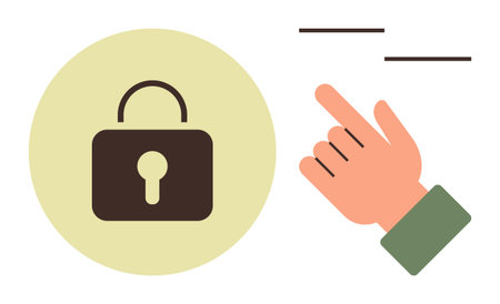 Lock icon and human hand gesturing touch action. Ideal for security, privacy, authorization, access control, digital interaction, usability, and protection themes. Simple flat metaphorのイラスト素材