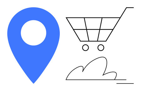 Blue location pin, outlined shopping cart, motion lines, and a cloud element. Ideal for e-commerce, delivery, navigation, logistics retail digital marketing online stores. Simple flat metaphorのイラスト素材