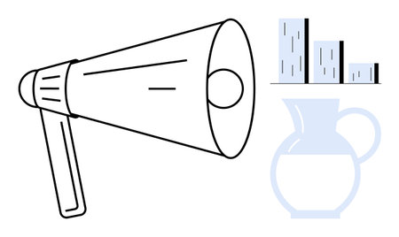 Megaphone conveying communication energy, with bar chart and jug symbolizing data analytics and resource flow. Ideal for marketing, strategy, presentation, reporting, teamwork, growth, simple flatのイラスト素材