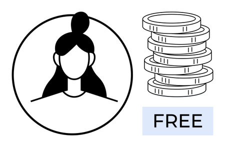 Female face icon within a circle, stacks of coins, and FREE label signify economy, user benefits, money-saving, financial freedom, or online services. Ideal for financial apps, profiles freelancingのイラスト素材