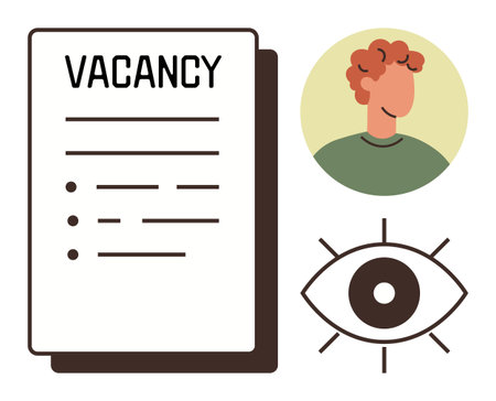 Job posting document, candidate profile image, and an eye icon representing recruitment and evaluation stages. Ideal for employment, hiring, HR processes, job opportunity, talent search, careerのイラスト素材