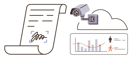 Scroll document with signature, surveillance camera, cloud storage, and data charts with icons....
