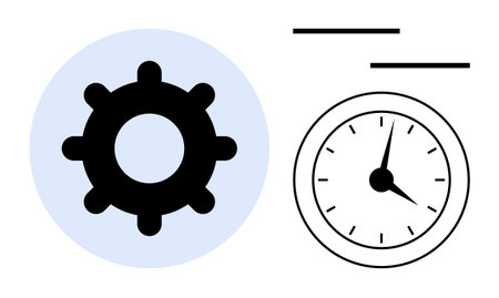 Large black gear next to an analog clock with tick marks and hands. Ideal for productivity, time management, efficiency, workflow, planning, scheduling, process management. Simple flat metaphorのイラスト素材