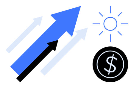 Blue and black upward arrows, sun icon, and dollar sign symbolizing success, growth, financial progress, and innovation. Ideal for business, strategy, development economics investment achievementのイラスト素材