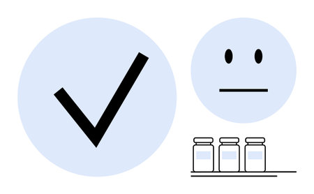 Bold checkmark within a circle, neutral face expressing emotion, and three jars on a shelf. Ideal for decision-making, approval, judgment, minimalism, clarity, processes simple flat metaphorのイラスト素材