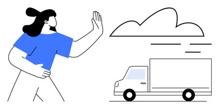 Female figure raising hand towards moving truck below cloud, conveying caution, logistics, or environmental concern. Ideal for transport, safety, climate awareness, delivery, caution motionのイラスト素材