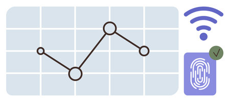 Line graph on a grid showcasing data analytics, fingerprint authentication icon, and wireless signal for technology concepts. Ideal for technology, data security, biometrics, IoT, innovationのイラスト素材