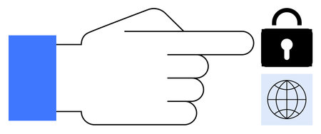 Hand pointing to padlock and globe highlights cybersecurity, data security, global internet, privacy, network safety, protection, and digital access. Ideal for online security themes, simple flatのイラスト素材