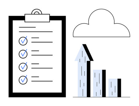 Clipboard with a checklist beside upward arrow and bar chart under a cloud, representing growth, efficiency, data analysis, project management. Ideal for productivity, planning, strategy, successのイラスト素材