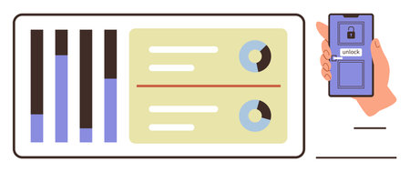 Hand holding smartphone unlocking door with screen visuals of bar graphs, pie charts, and stats. Ideal for technology, analytics, security, data, innovation smart devices conceptual design. Minimalのイラスト素材