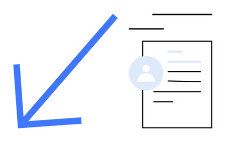 Blue downward arrow beside a user profile document with lines and icons. Ideal for analytics, report decline, performance review, career management, trend analysis, business analysis, simple flatのイラスト素材