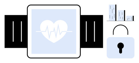 Smartwatch displaying heartbeat with pulse line, bar chart analytics symbol, and padlock for data...