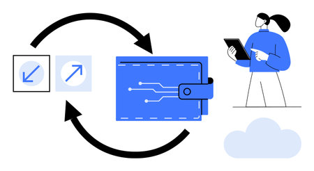Digital wallet with circuits and arrows in a loop alongside a woman holding a tablet. Ideal for technology, finance, digital payment, cloud computing, fintech solutions, data transfer, simple landingのイラスト素材