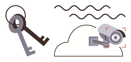 Old-style keys next to a cloud and a CCTV camera with scanning visuals emphasize data protection, access control, and cloud-based monitoring. Ideal for security, technology, protection, accessのイラスト素材