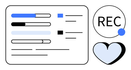 Progress bars and recording circle with REC text and a dot, accompanied by a blue and black heart icon. Ideal for tracking, streaming, media, love, analytics, creativity, simple flat metaphorのイラスト素材