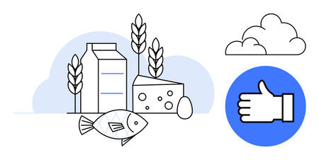 Milk carton, cheese block, egg, fish, wheat stalks, cloud, and approval hand icon. Ideal for nutrition, health food industry organic products healthy eating lifestyle choices simple landing pageのイラスト素材