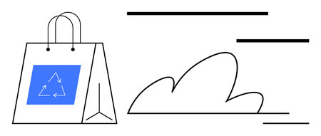 Paper bag with recycle icon next to a minimalist cloud and abstract lines. Ideal for sustainability, recycling, ecological awareness, environmental care, green initiatives, waste management, simpleのイラスト素材