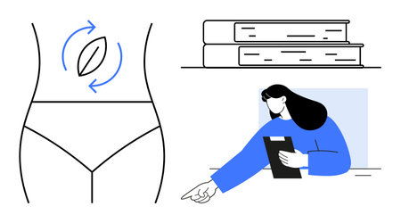 Woman holding clipboard, pointing towards stack of books alongside digestive health representation. Ideal for education, wellness, healthcare, digestion, fitness tips, research, and simple landingのイラスト素材