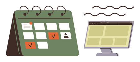 Desk calendar with marked dates and a computer monitor displaying a web interface. Ideal for productivity, planning, organization, task management, scheduling, remote work, digital collaborationのイラスト素材