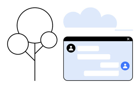 Message exchange interface next to cloud and tree outline. Ideal for technology, digital networking, environment, simplicity, online communication, social platform, simple landing pageのイラスト素材