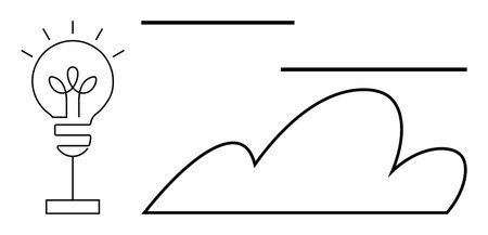 Light bulb with plant sprout symbolizing growth and innovation, next to abstract cloud shapes. Ideal for sustainability, creativity, innovation, growth, eco-friendly, minimalism, and developmentのイラスト素材