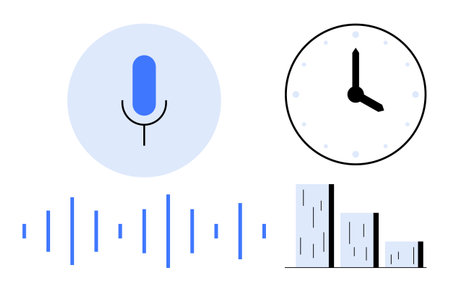 Microphone icon with sound wave visualization, analog clock, and bar graph for data. Ideal for time...
