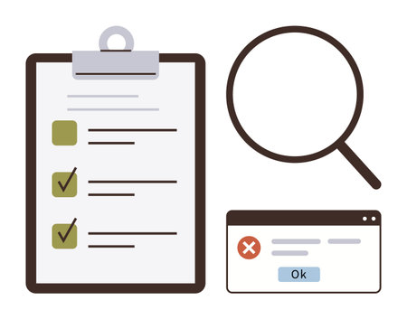 Clipboard checklist with ticks and empty boxes, magnifying glass, and error popup. Ideal for audit, quality control, troubleshooting, productivity, research, analysis simple flat metaphorのイラスト素材