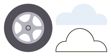 Wheel with light gray details next to filled and outlined cloud shapes. Ideal for transport, weather, innovation, sustainability, travel, infrastructure, simple flat metaphorのイラスト素材